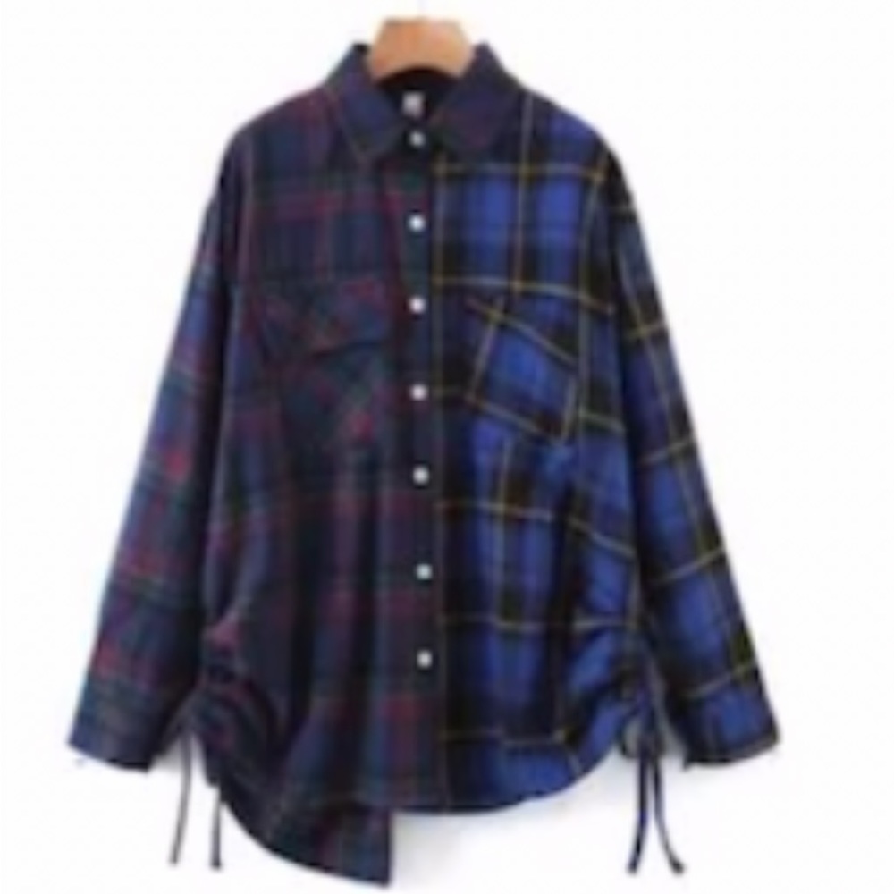 Button-Up Dark Flannel Shirt with Drawstring Ruched Sides